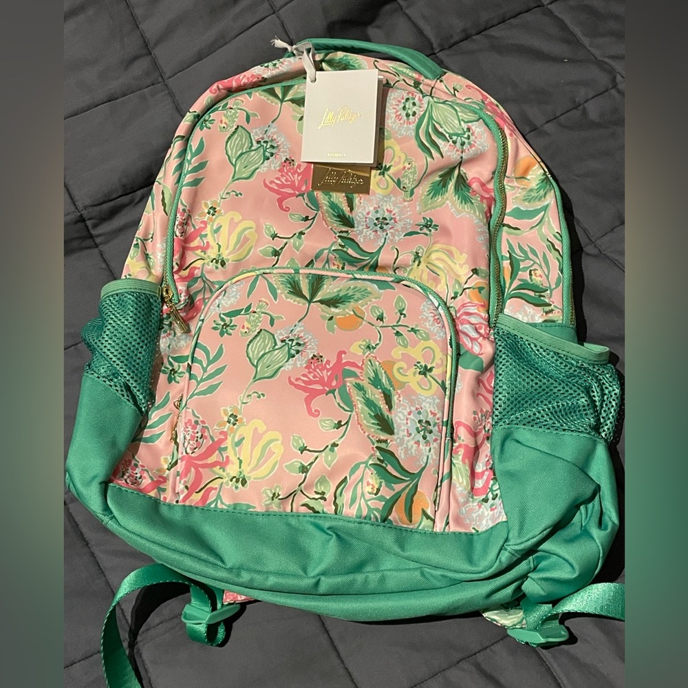 Lilly Pulitzer Pink Floral Backpack with Green Trim